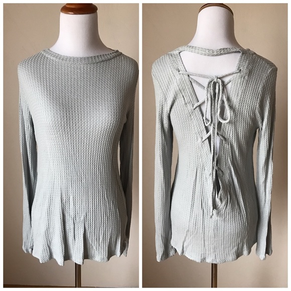 NEW Grey Lace Up Back Waffle Knit Top - Picture 3 of 3